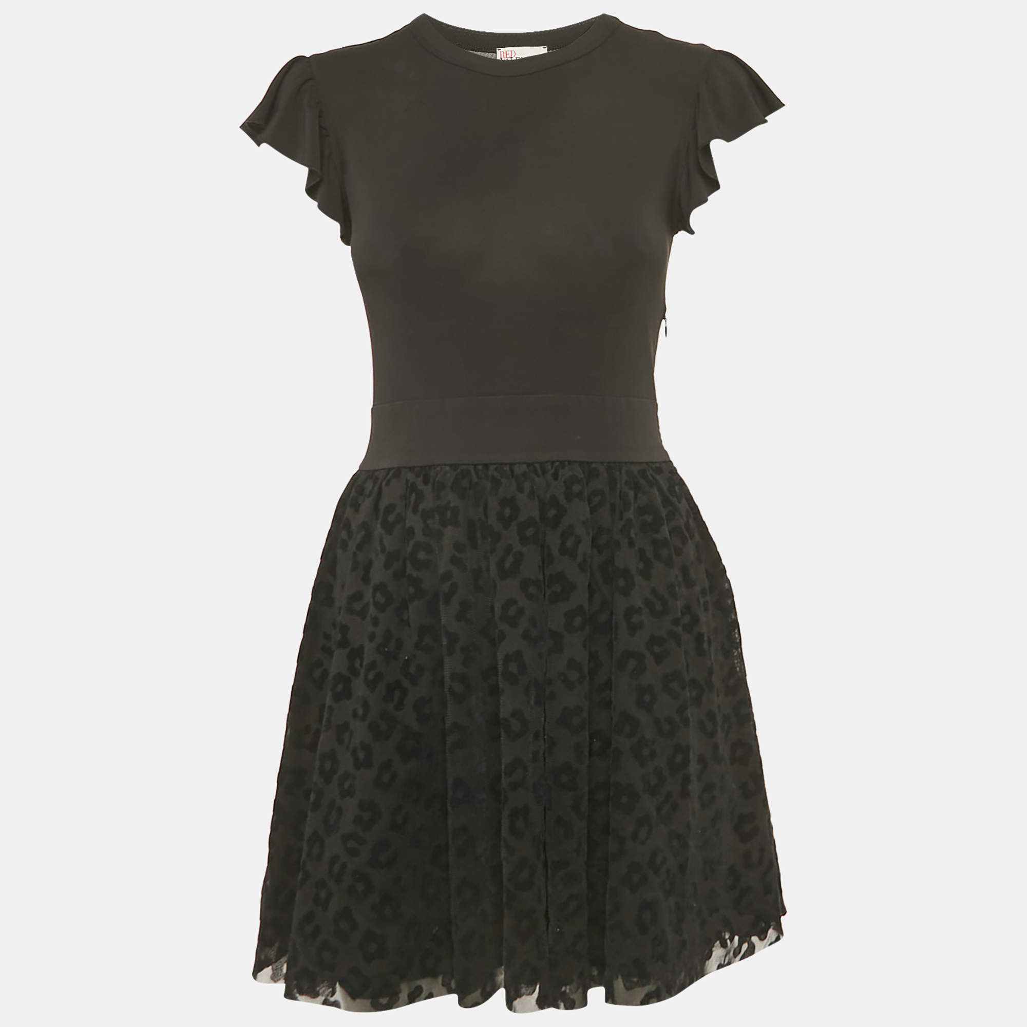 Pre Owned RED Valentino Black Jersey Flock Tulle Mini Dress S 