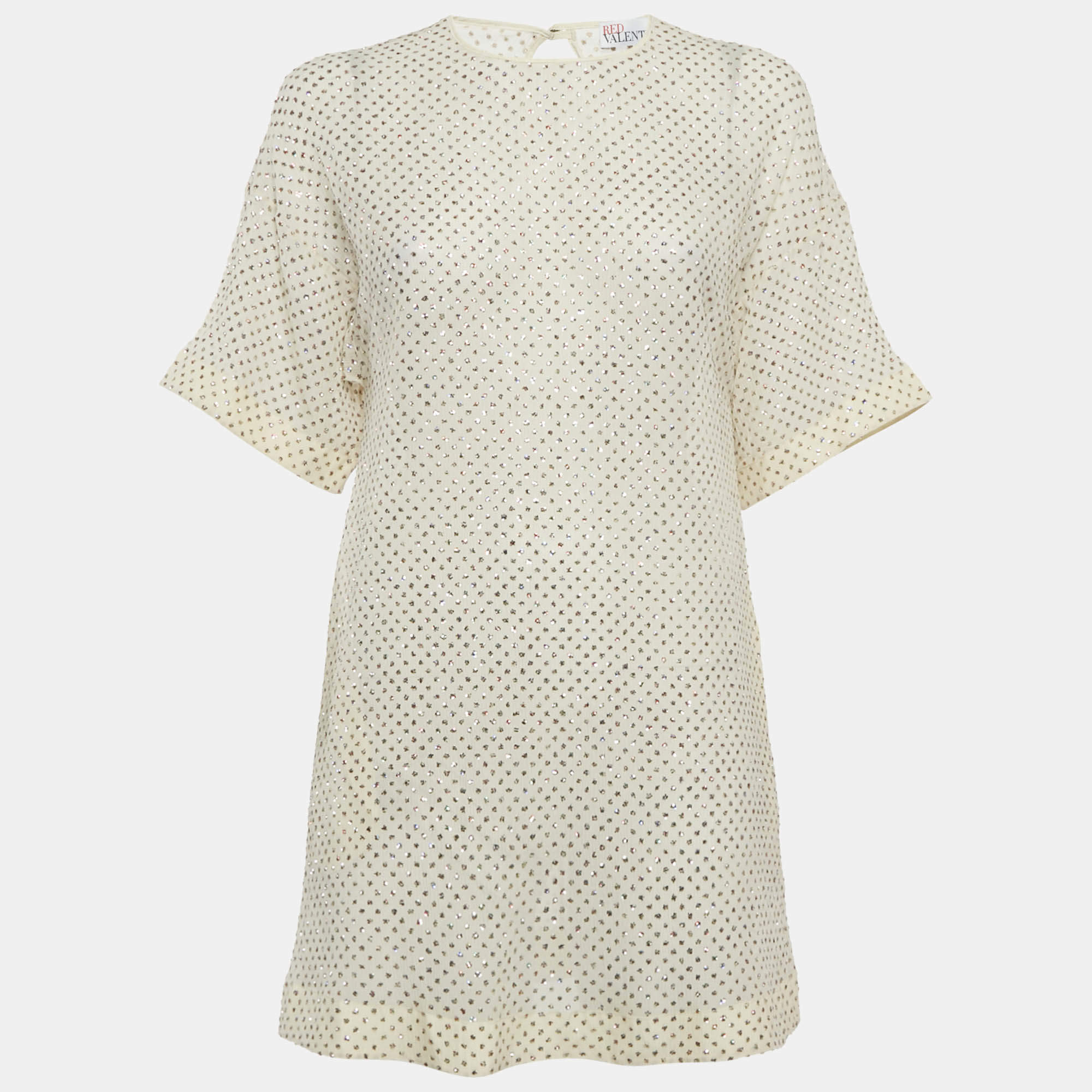 Pre Owned RED Valentino Beige Sheer Glittered Polka-Dot Silk Mini Dress S 