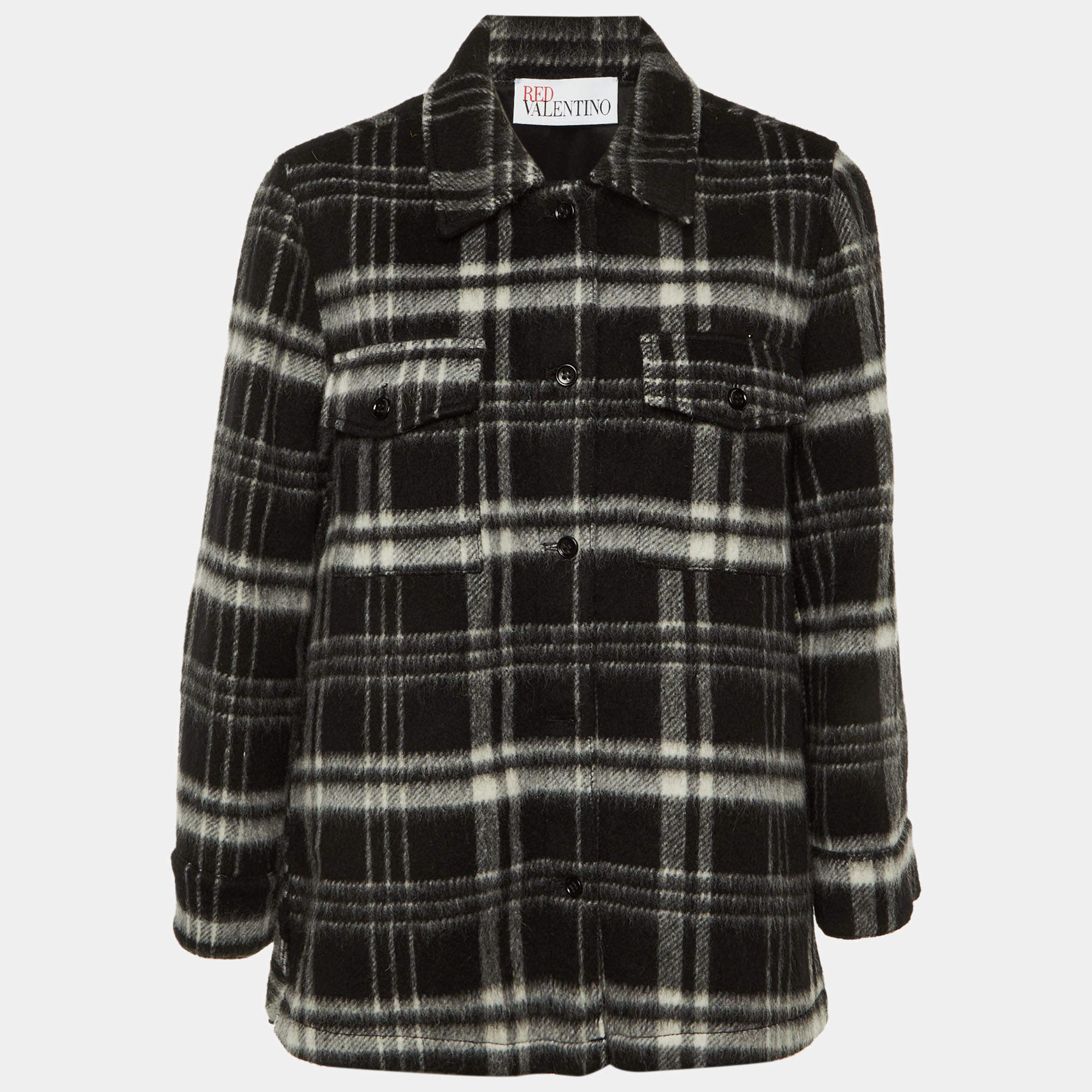 Pre Owned RED Valentino Black Plaid Checked Wool Button Front Jacket S