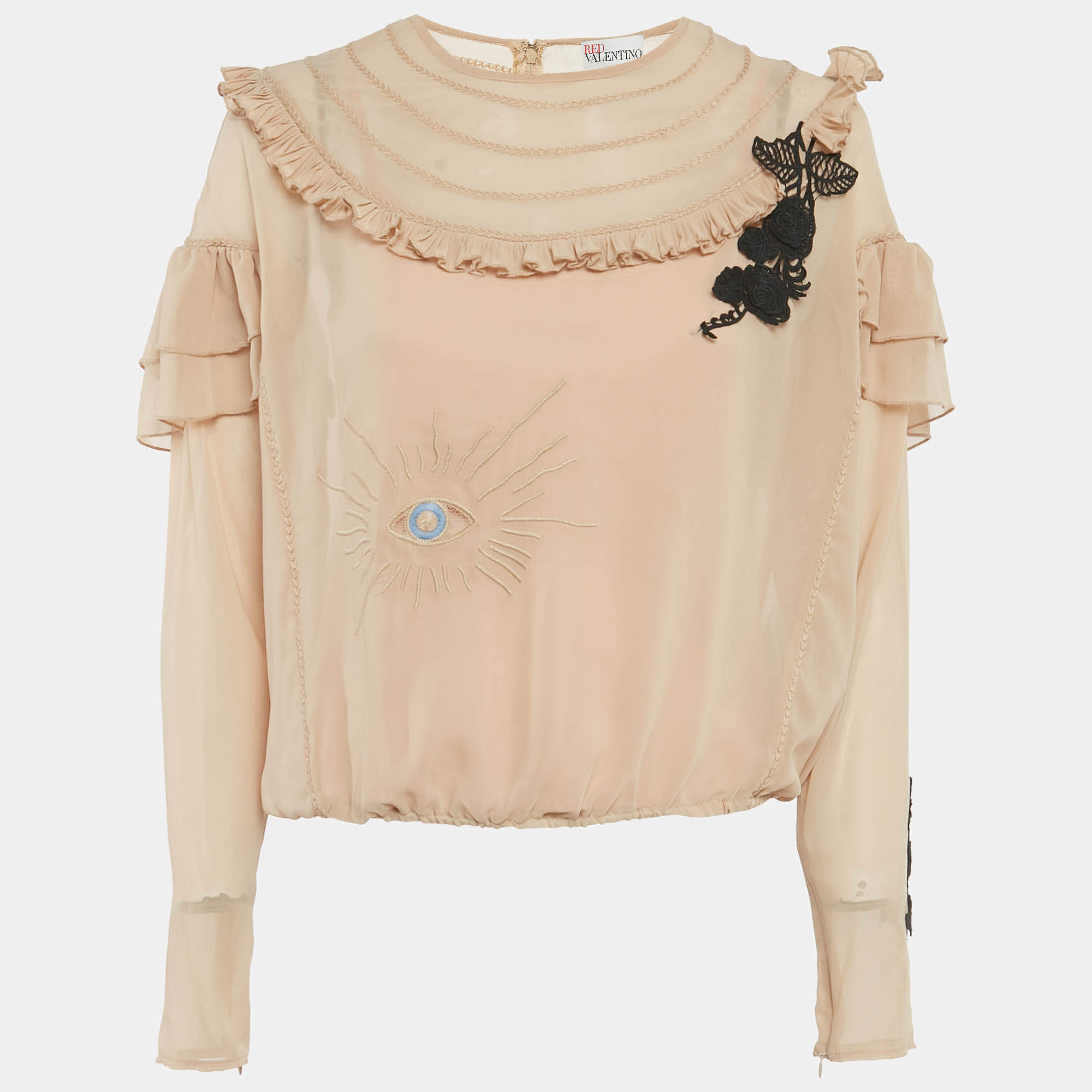 Pre Owned RED Valentino Beige Embroidered Crepe Frill Detail Sheer Top M
