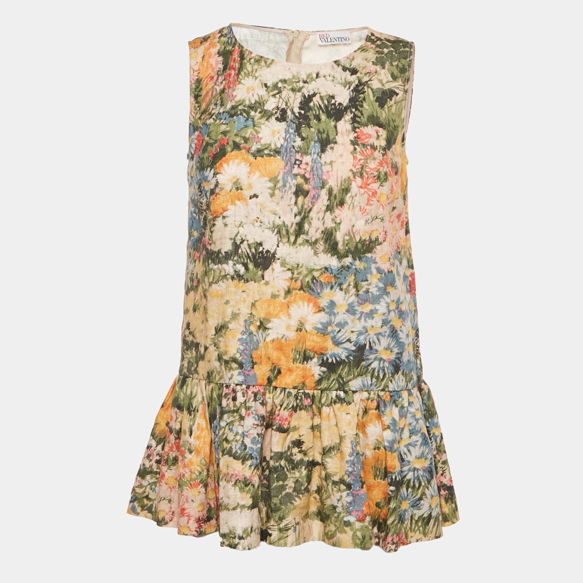 Pre Owned RED Valentino Green Floral Print Ramie Mini Dress S