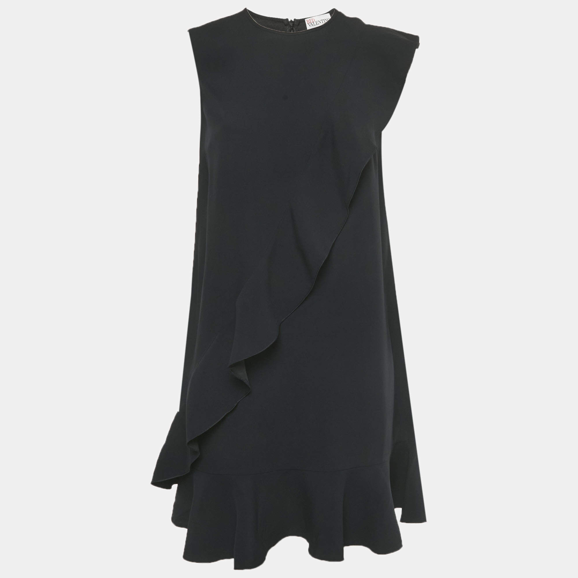 Pre Owned RED Valentino Black Crepe Frill Flounced Hem Mini Dress S 