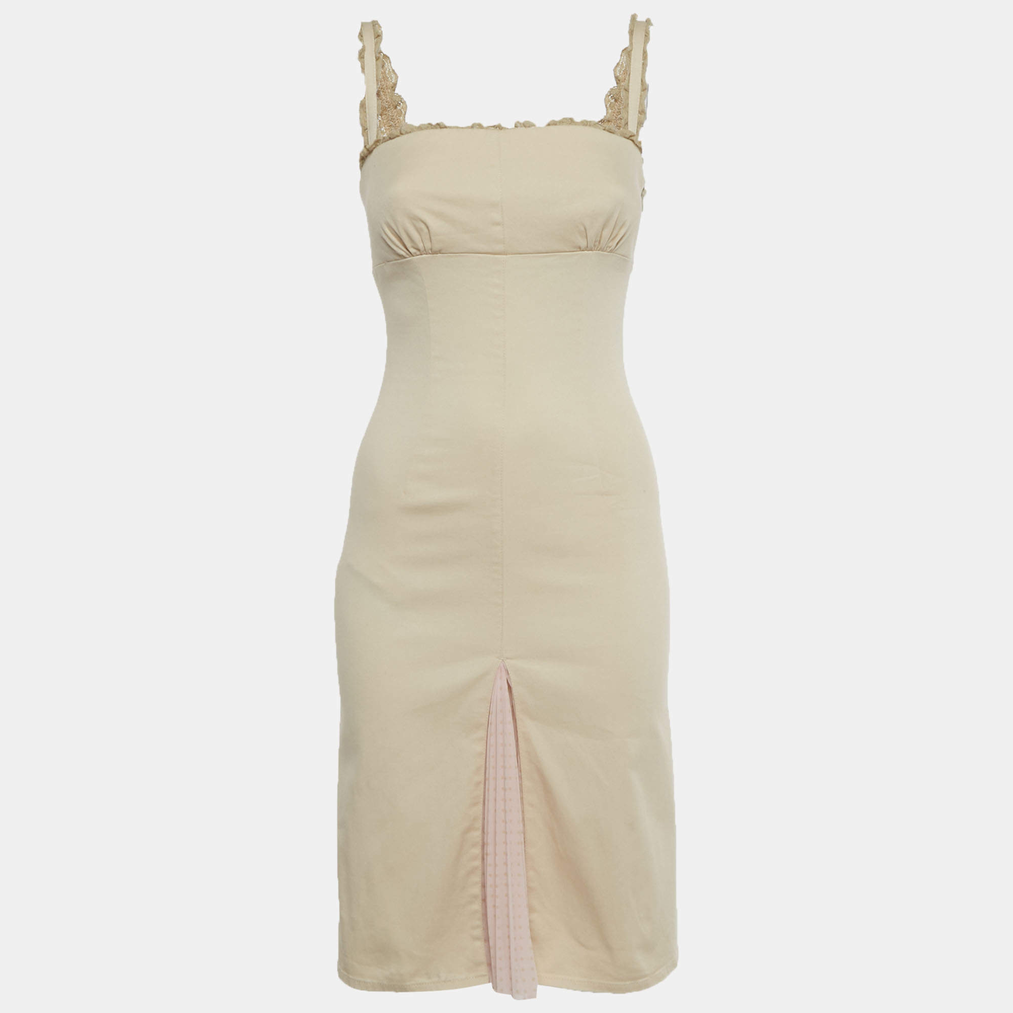 Pre Owned RED Valentino Beige Cotton Plisses Detail Sleeveless Midi Dress S