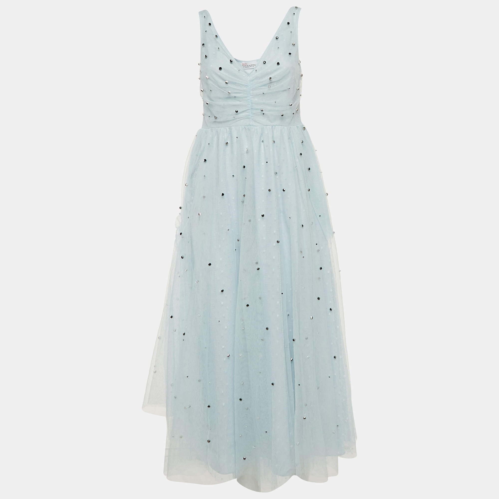Pre Owned RED Valentino Light Blue Tulle Embellished Flared Midi Dress M