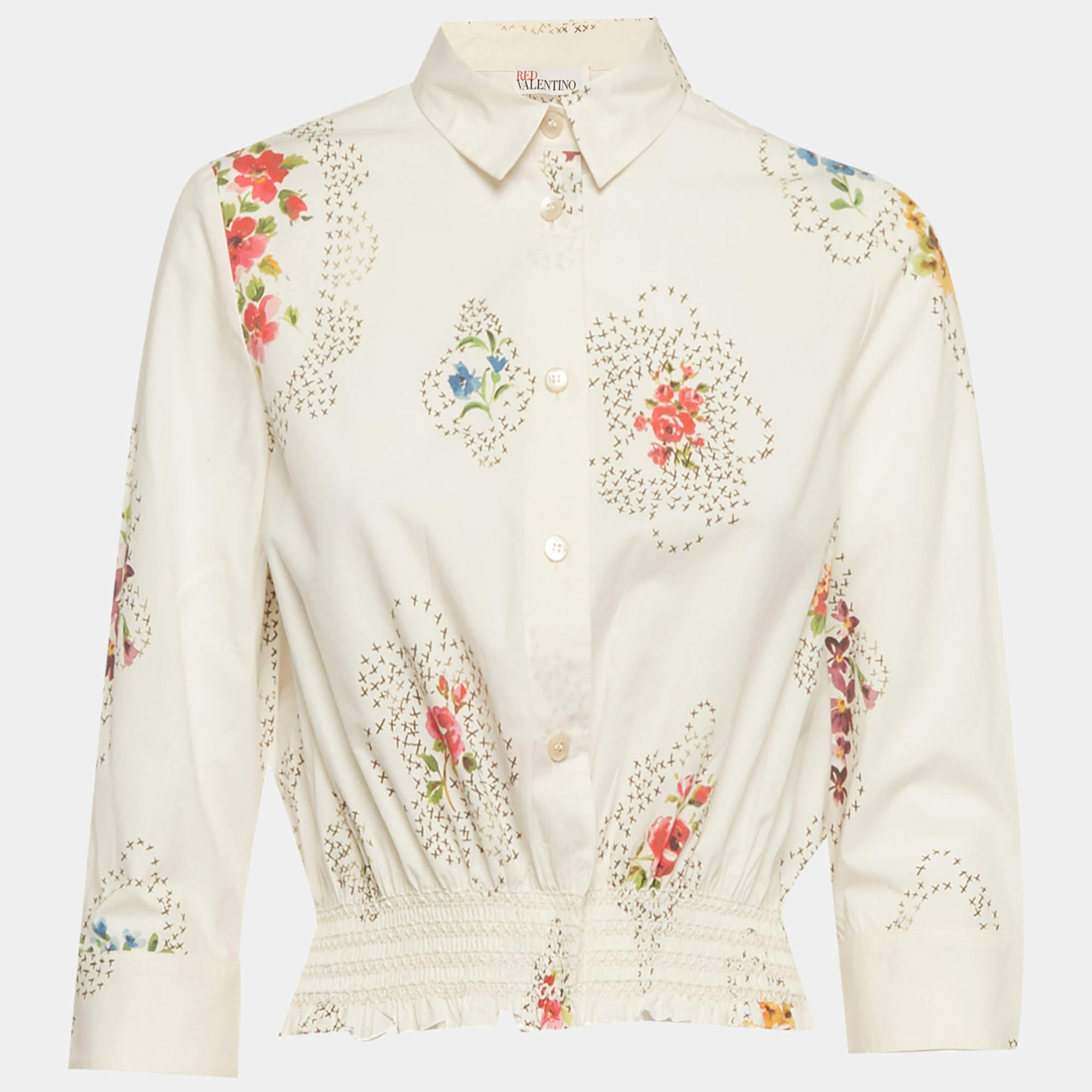 Pre Owned RED Valentino White Floral Print Cotton Button Down Shirt S