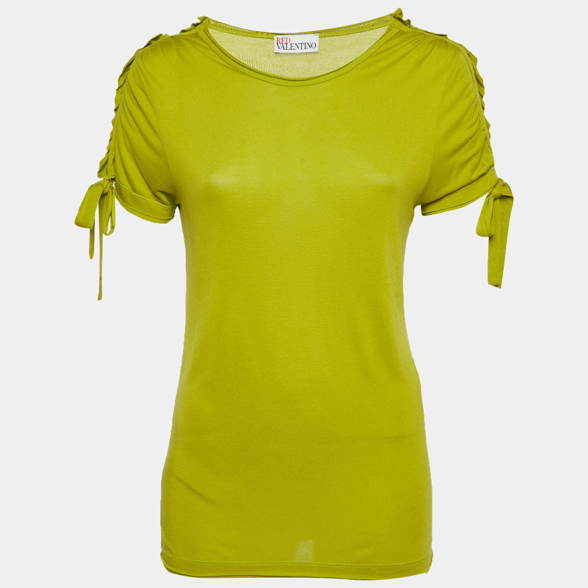 Pre Owned RED Valentino Green Cotton Knit Sleeve Tie Detail T-Shirt S