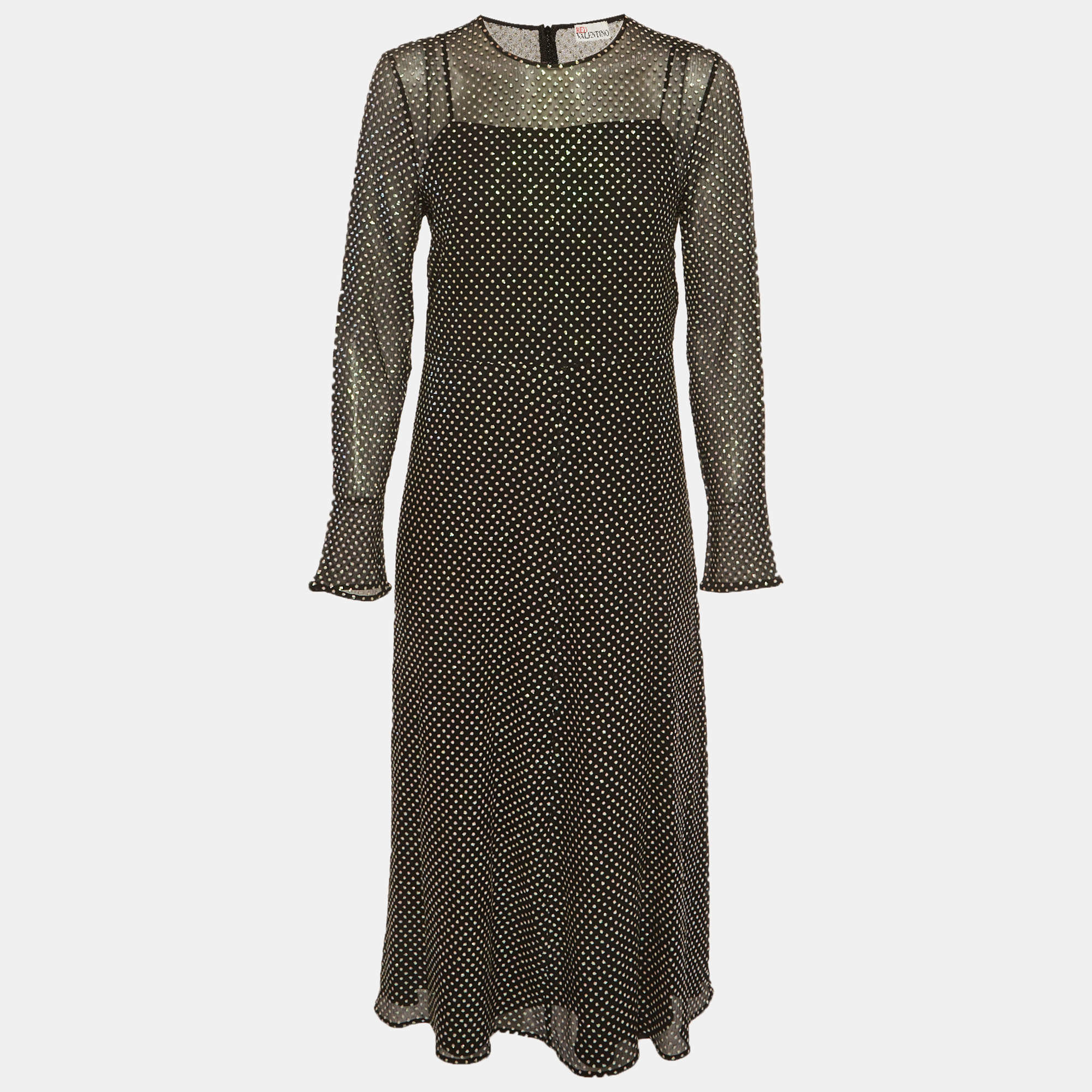 Pre Owned RED Valentino Black Polka Dot Glitter Embellished Midi Dress L
