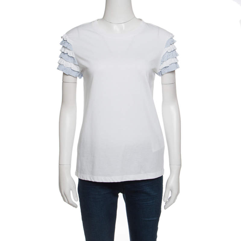 RED Valentino White Cotton Jersey Striped Ruffled Sleeve T-Shirt M
