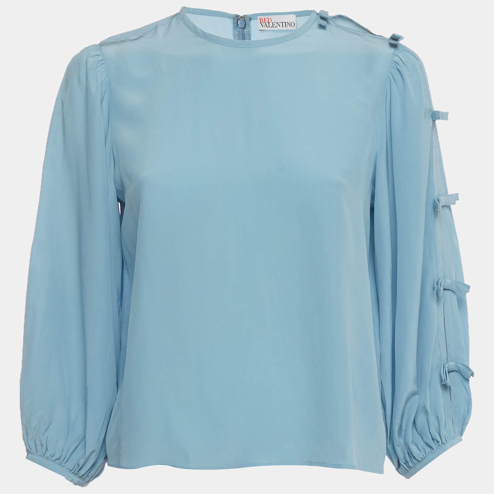 Pre Owned RED Valentino Blue Silk Crepe de Chine Bow Detail Blouse S