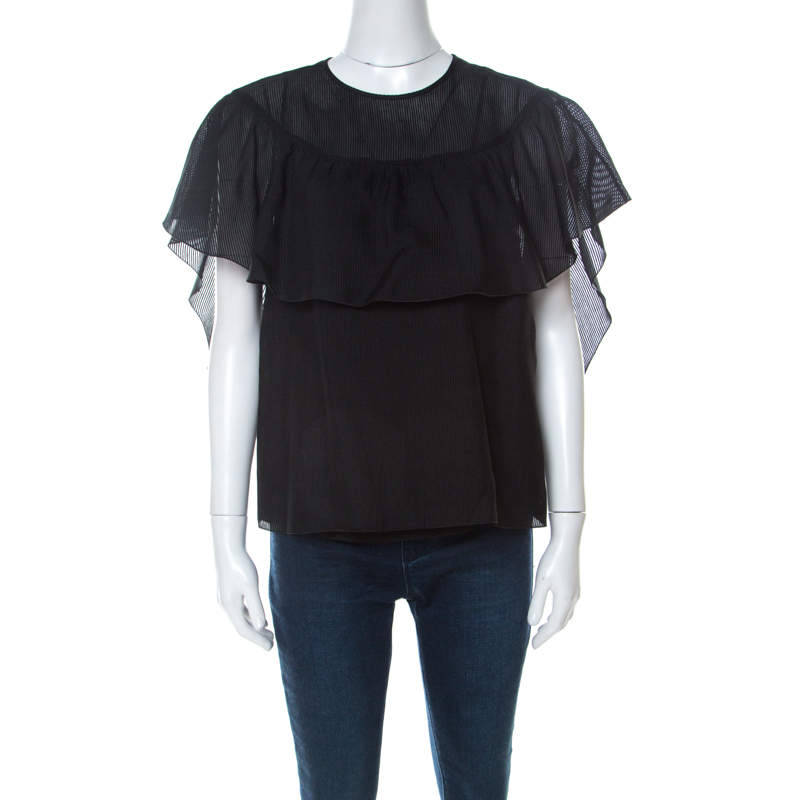 Pre Owned RED Valentino Black Cotton Silk Blend Ruffle Top M