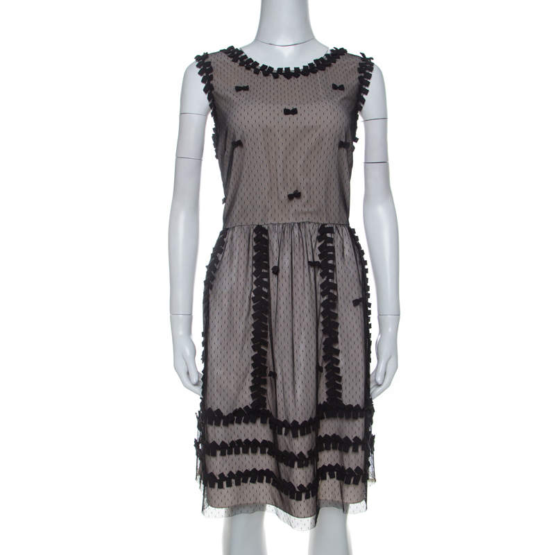 Pre Owned RED Valentino Beige Crepe and Taffeta Contrast Lace Overlay Dress L