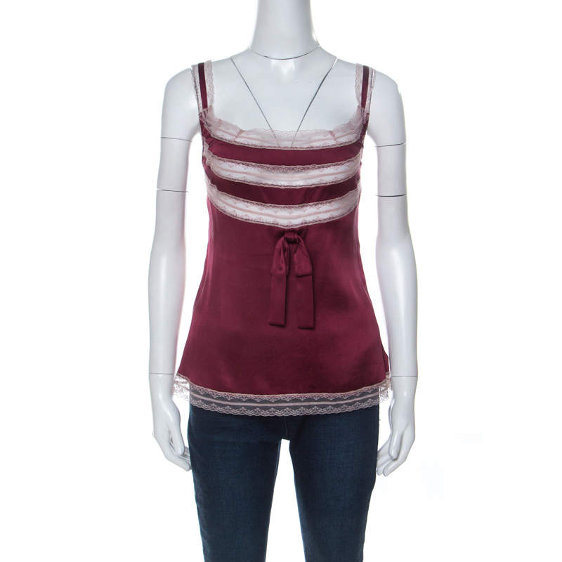 Pre Owned RED Valentino Maroon Stretch Silk Lace Camisole M
