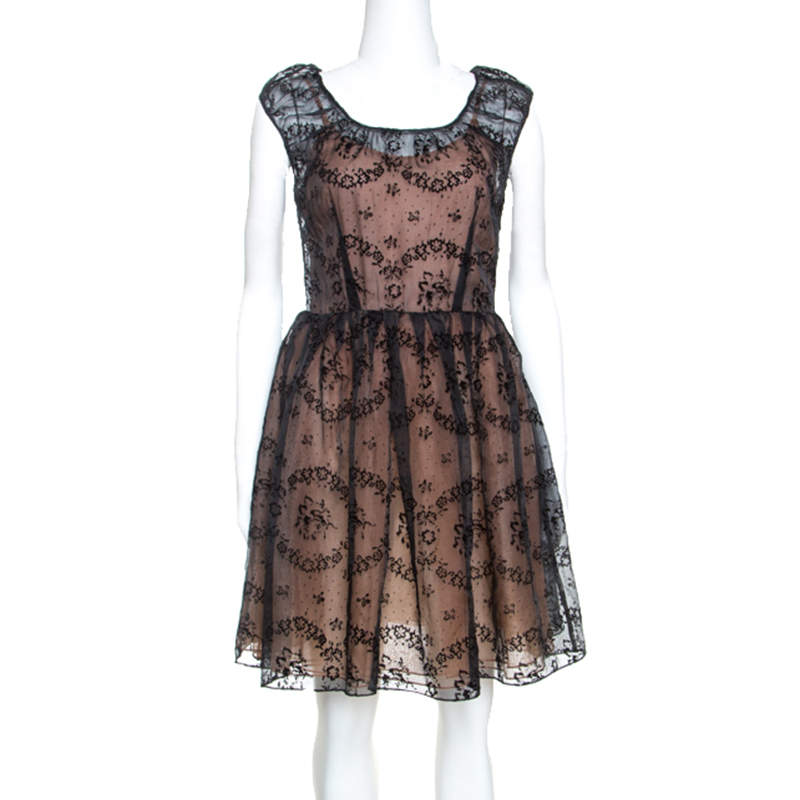 RED Valentino Black Floral Burnout Organza Short Dress S