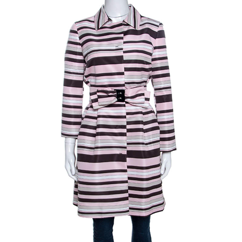 Pre Owned RED Valentino Pink Striped Taffeta Belted Coat M