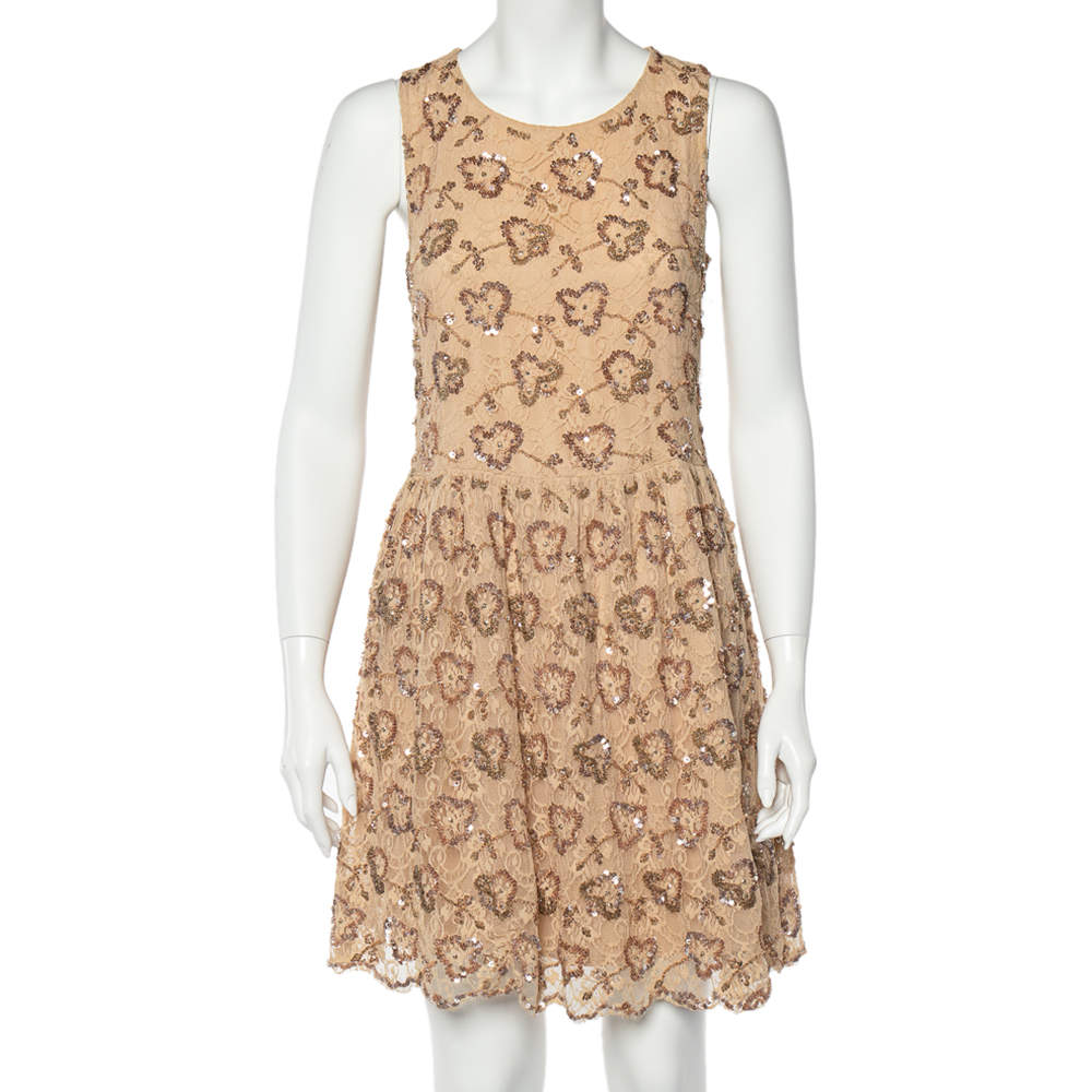 RED Valentino Beige Embellished Lace Bow Detail Mini Dress L