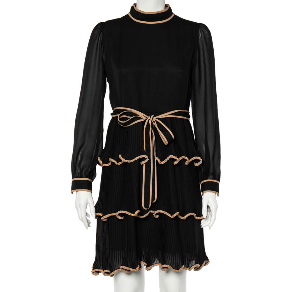 مملوكة مسبقًا Red Valentino Black Crepe Bead Detail Tiered Dress L