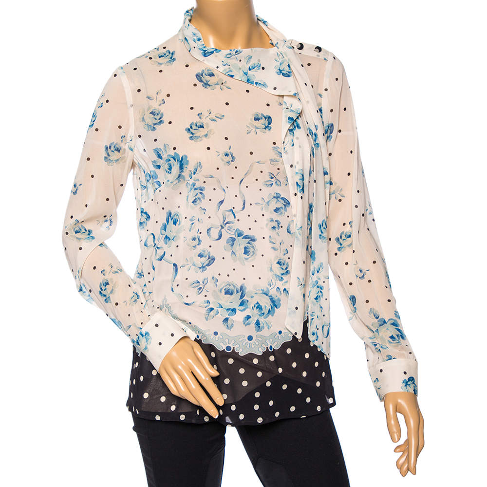 Pre Owned RED Valentino Ivory Floral & Polka Dot Printed Silk Tie-Neck Detail Blouse M