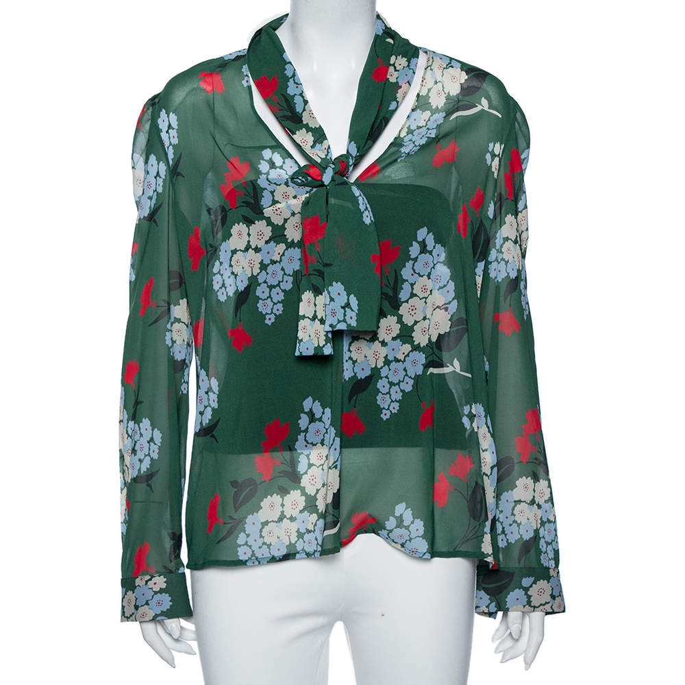 Pre Owned RED Valentino Green Floral Print Silk Tie-Neck Detail Blouse L