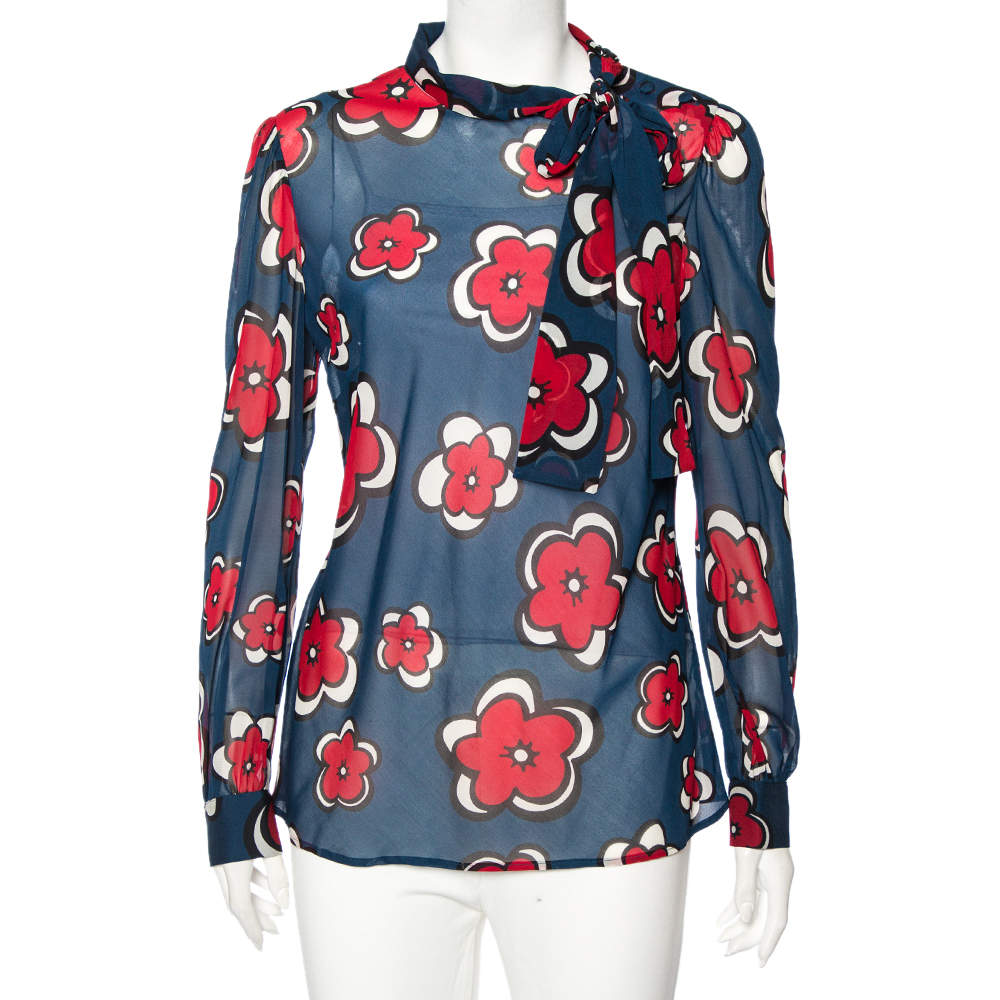 Pre Owned RED Valentino Navy Blue Floral Printed Silk Buttoned Shoulder Detail Blouse L