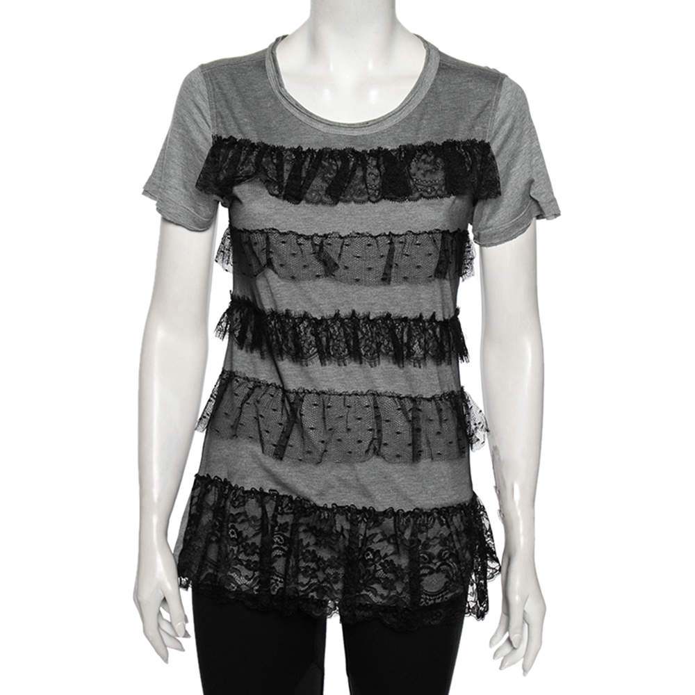Red Valentino Grey Ruffled Lace and Jersey Short Sleeve T Shirt M