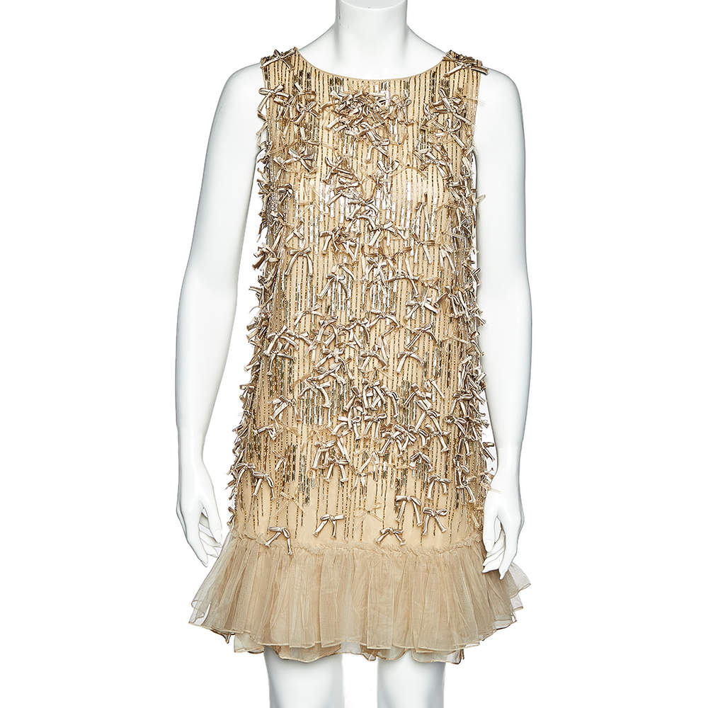 Pre Owned Red Valentino Beige Sequined Embellished Tulle Sleeveless Shift Dress M