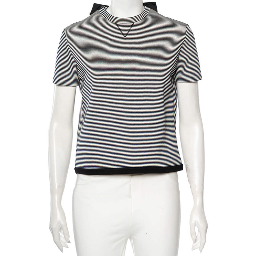 Pre Owned RED Valentino Monochrome Striped Knit Ruffled Trim Detailed Top M