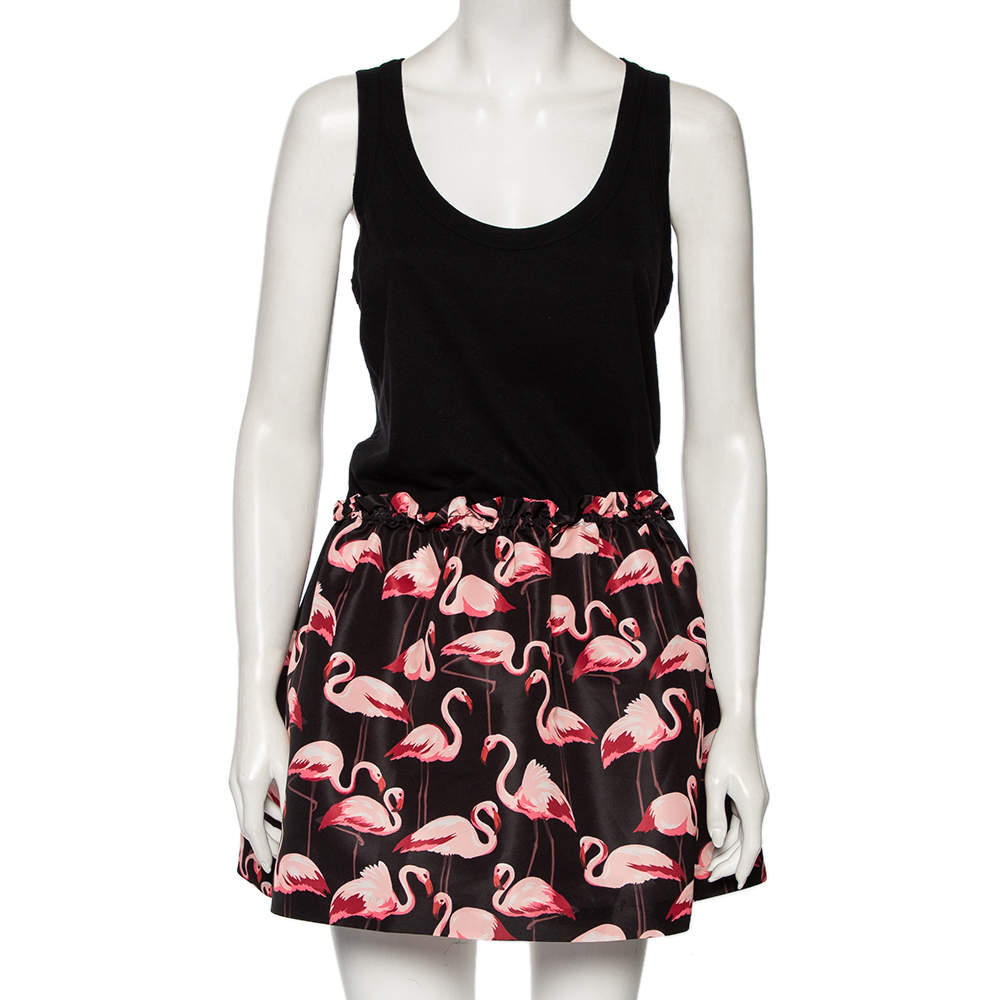 RED Valentino Black Cotton Knit And Flamingo Printed Sleeveless Mini Dress M