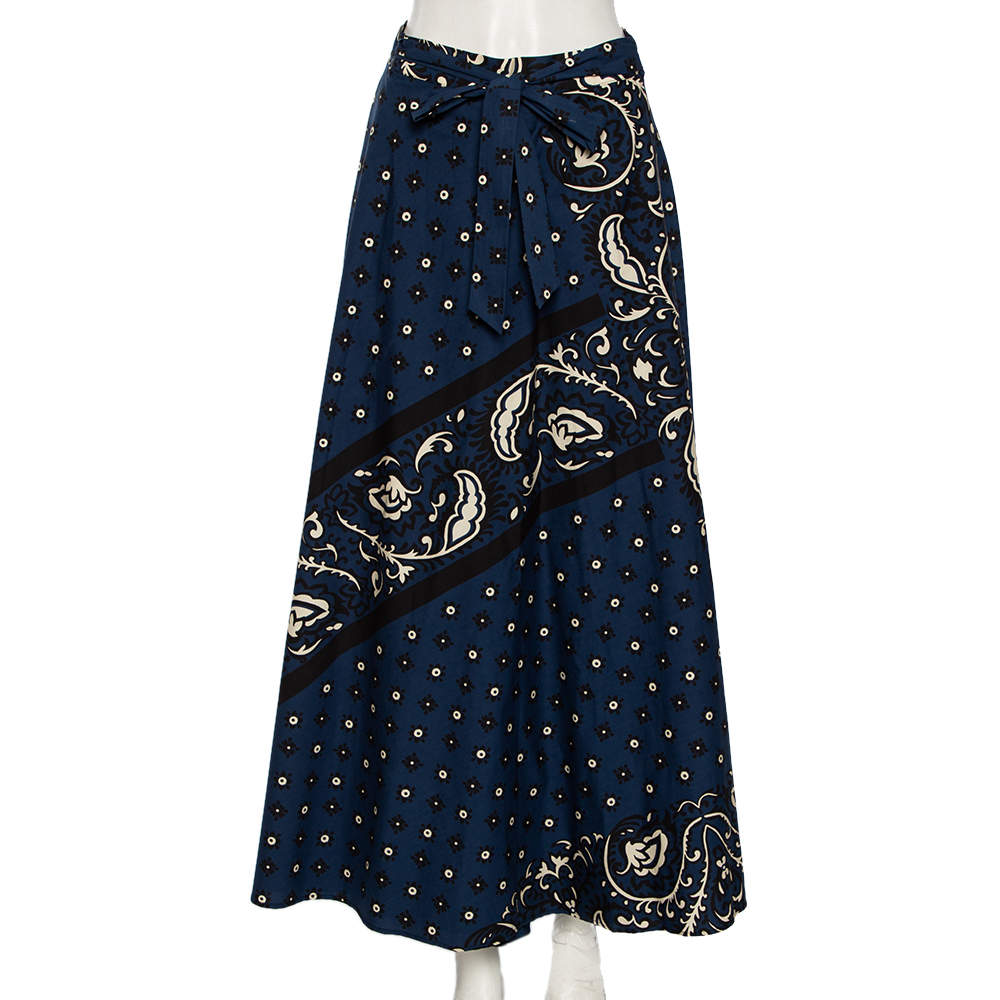 Pre Owned RED Valentino Blue Bandana Print Cotton Wrap Detail Midi Skirt M