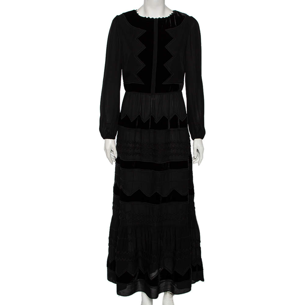 Pre Owned RED Valentino Black Thick Silk & Velvet Inset Detailed Maxi Dress M