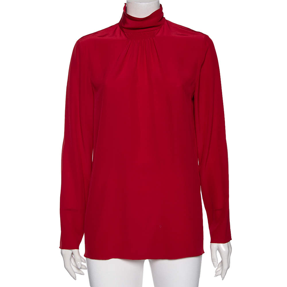 Pre Owned RED Valentino Red Silk Gathered Detail Long Sleeve Blouse M