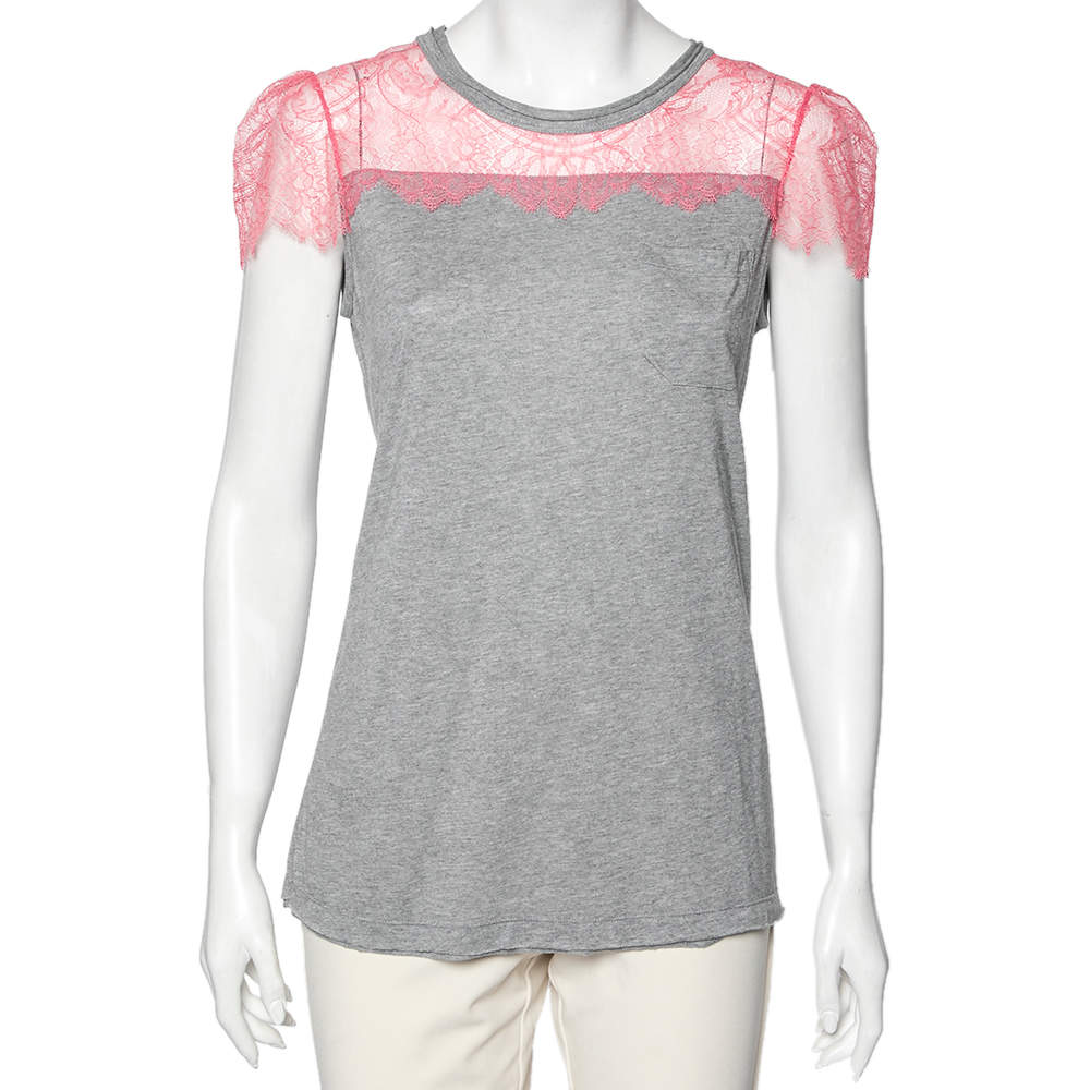 Pre Owned RED Valentino Grey Cotton & Lace Trimmed Pocket Detailed Top M