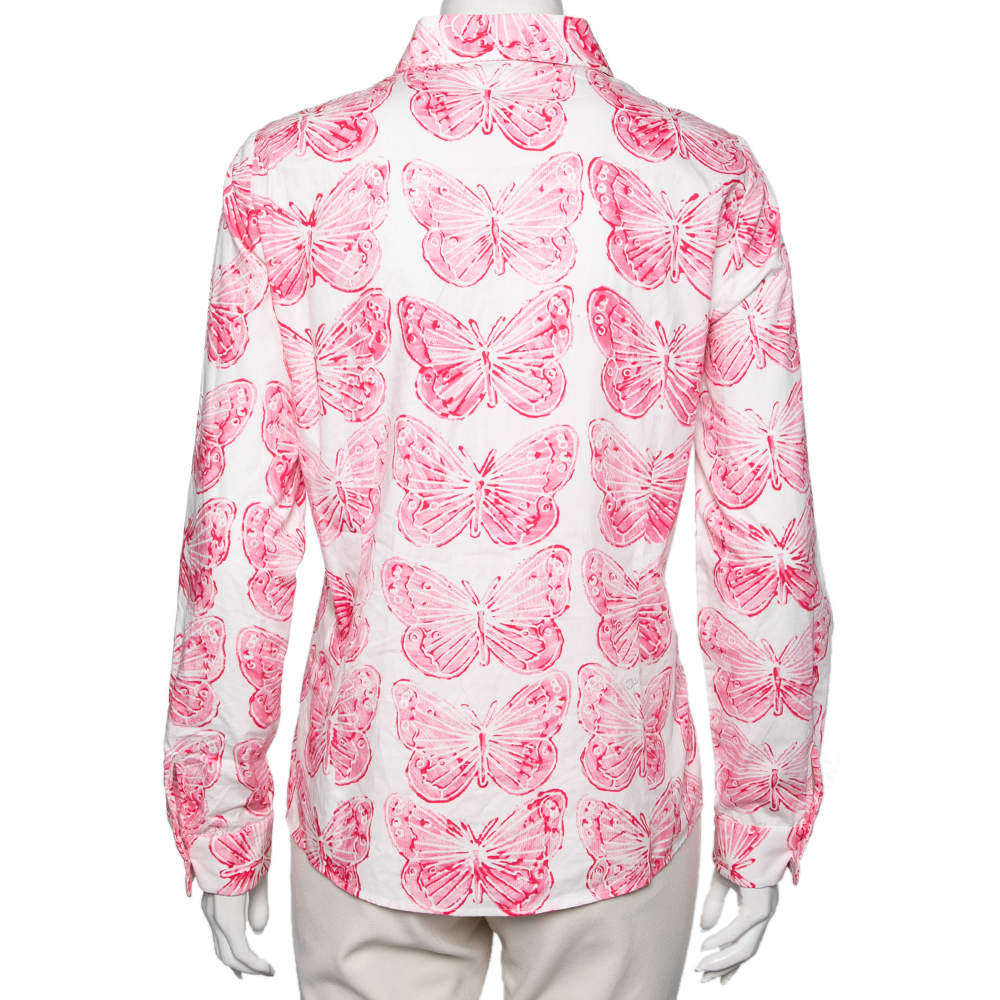 RED Valentino White and Pink Butterfly Print Long Sleeve Shirt L