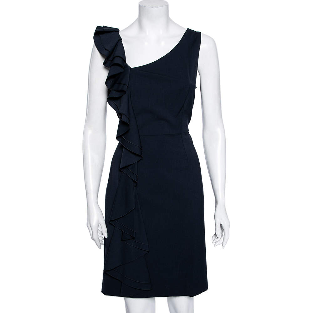 Pre Owned RED Valentino Navy Blue Stretch Wool Ruffle Detail Midi Dress L