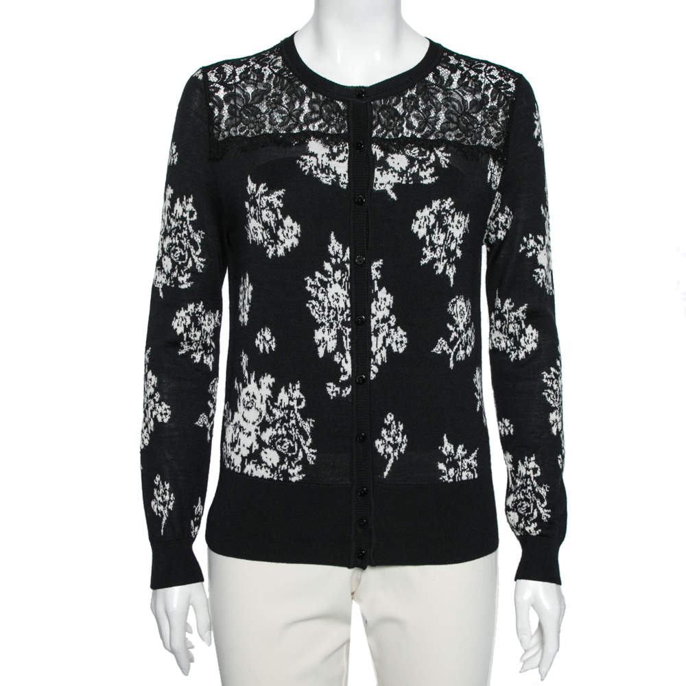 RED Valentino Black Jacquard Knit Lace Trim Button Front Cardigan L