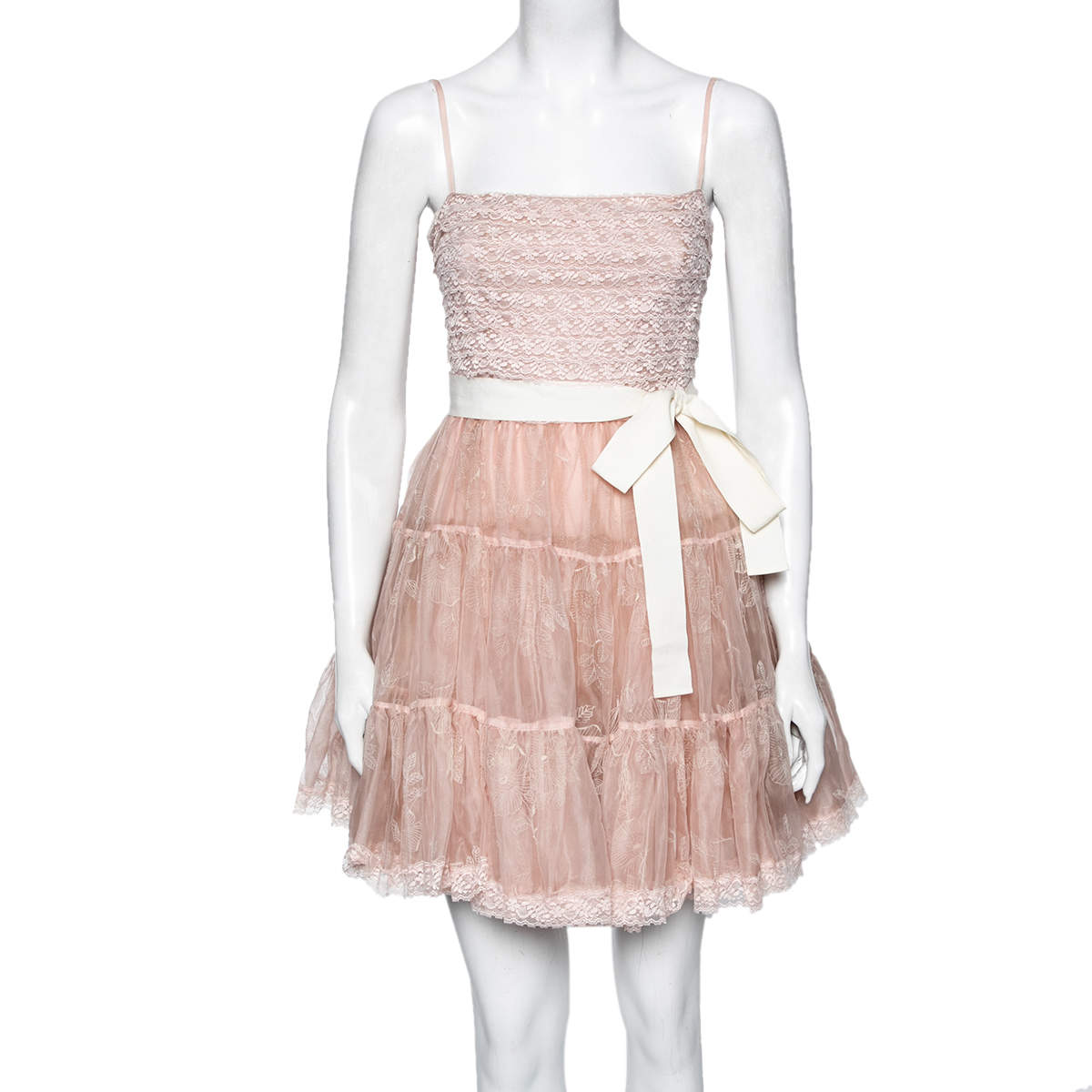Pre Owned RED Valentino Pink Synthetic Lace Paneled Tiered Tulle Skirt Dress M