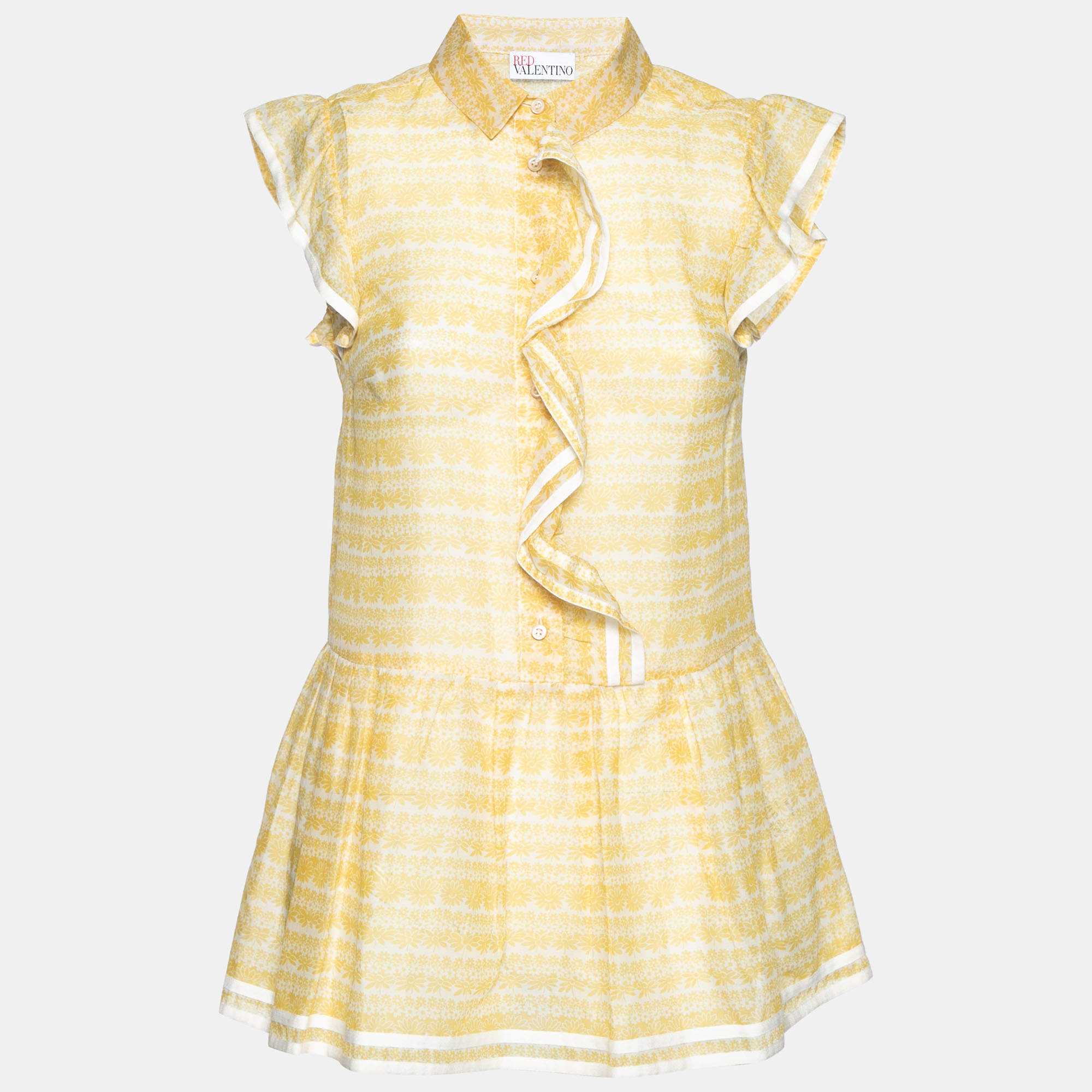 Pre Owned Red Valentino Yellow Floral Printed Cotton Ruffle Trimmed Mini Dress S