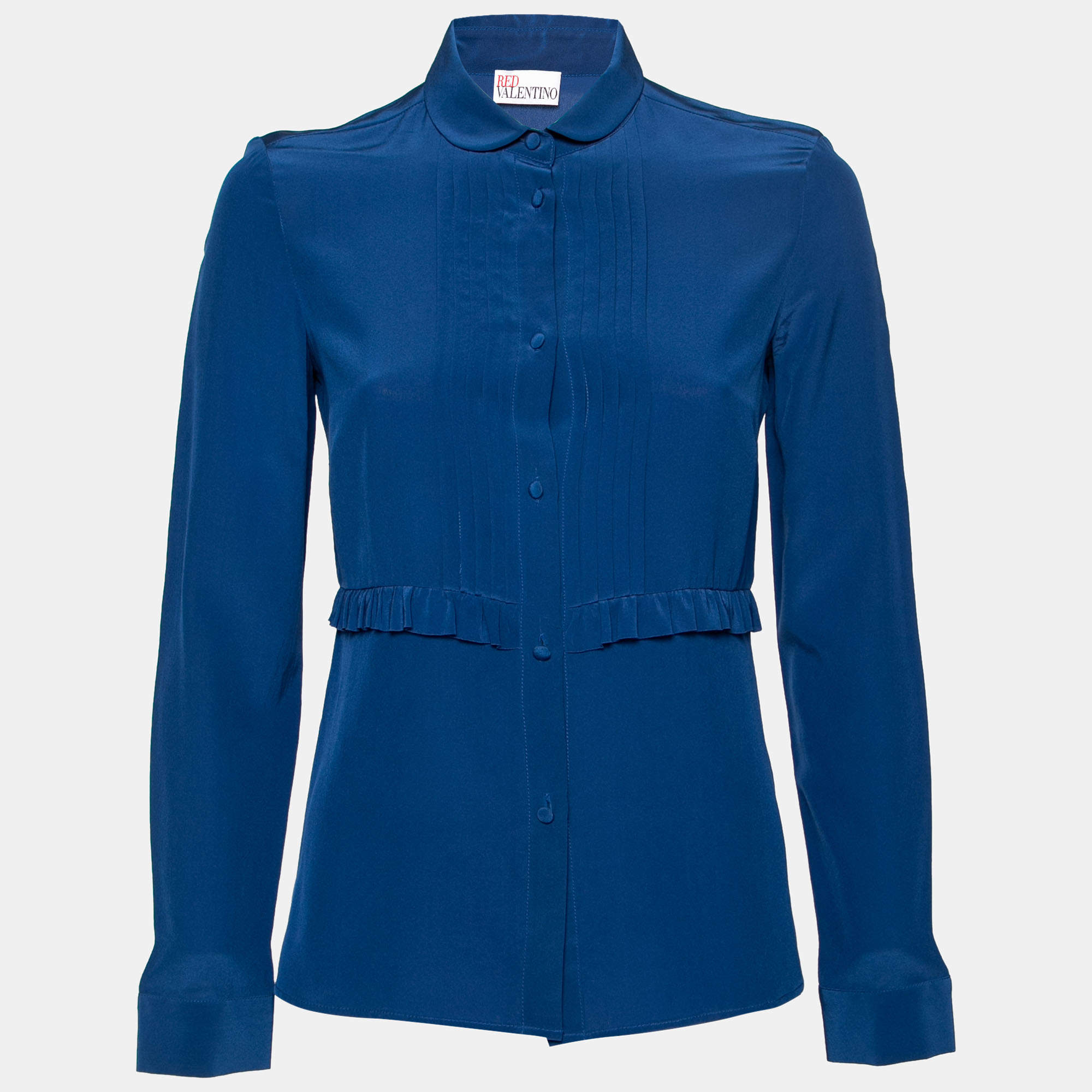 Pre Owned RED Valentino Blue Silk Pleated Front and Ruffle Trim Top M