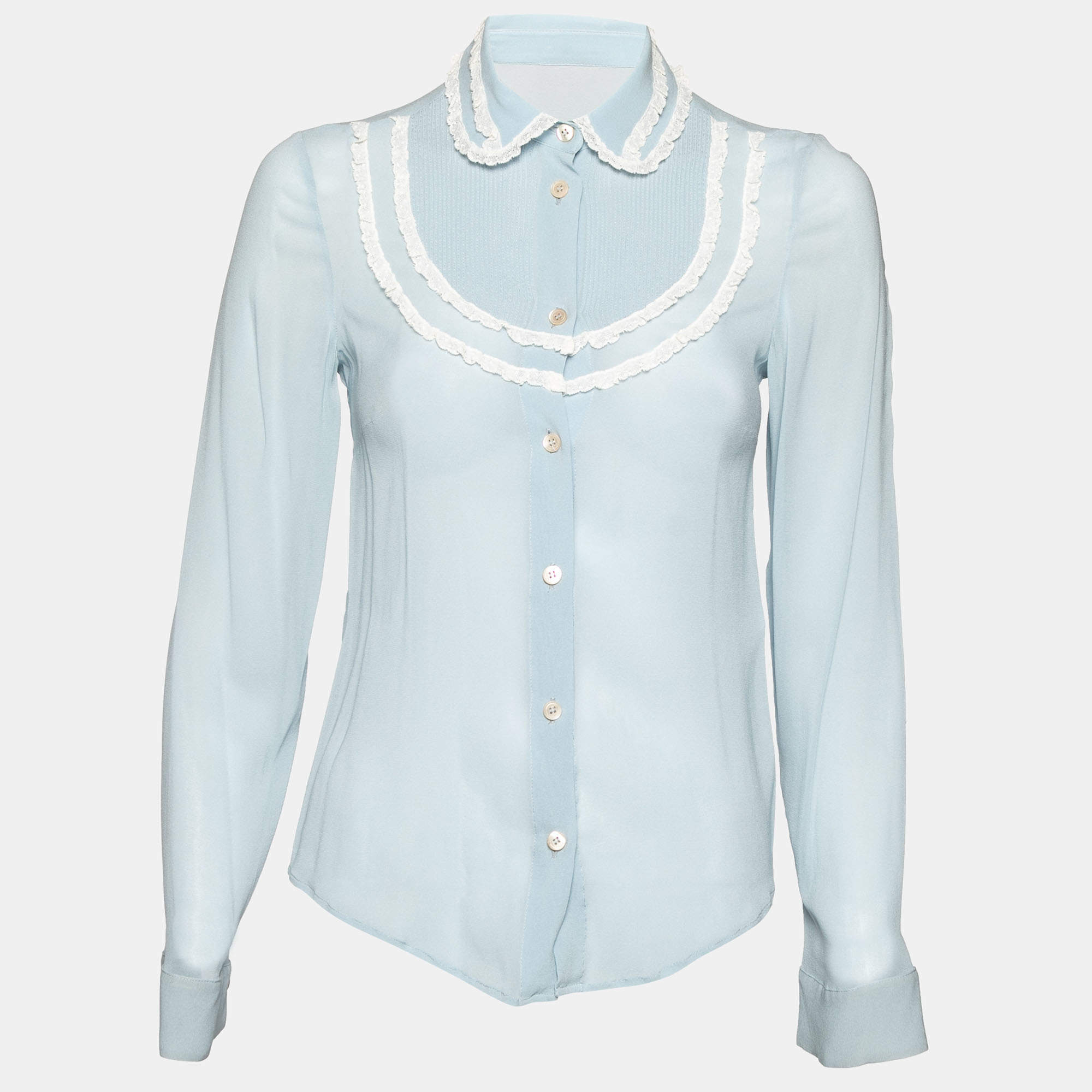 Pre Owned RED Valentino Blue Silk Ruffle Trim and Pleated Front Long Sleeve Blouse S