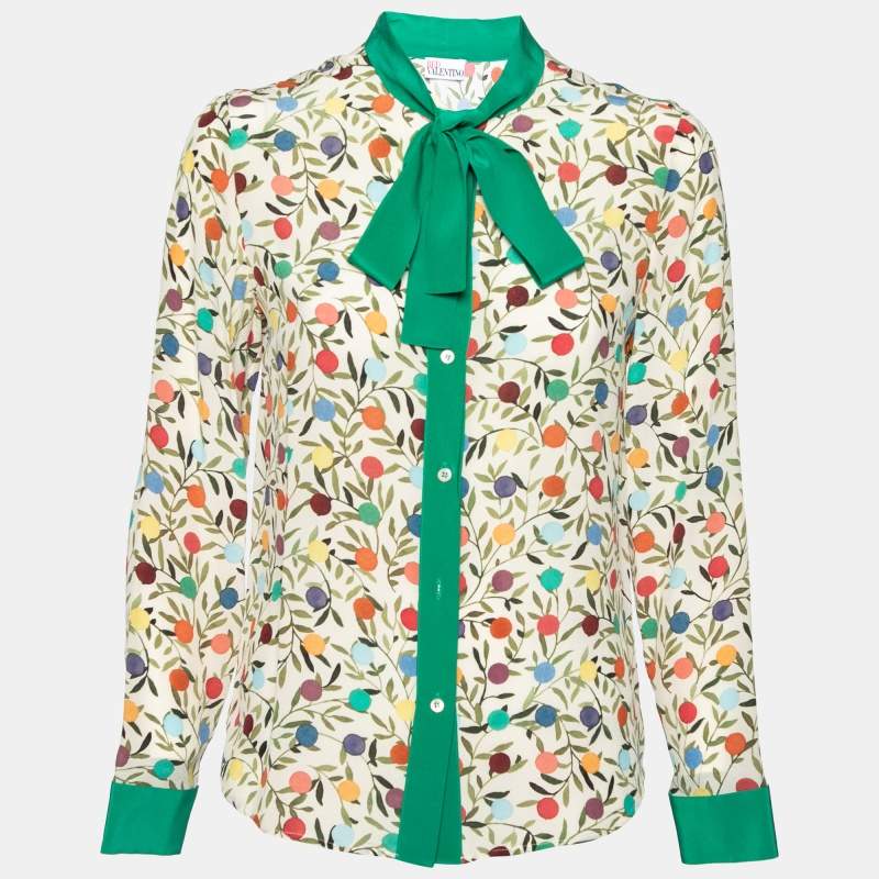 Pre Owned RED Valentino Cream and Green Printed Crepe Bow Tie Neck Button Front Blouse S