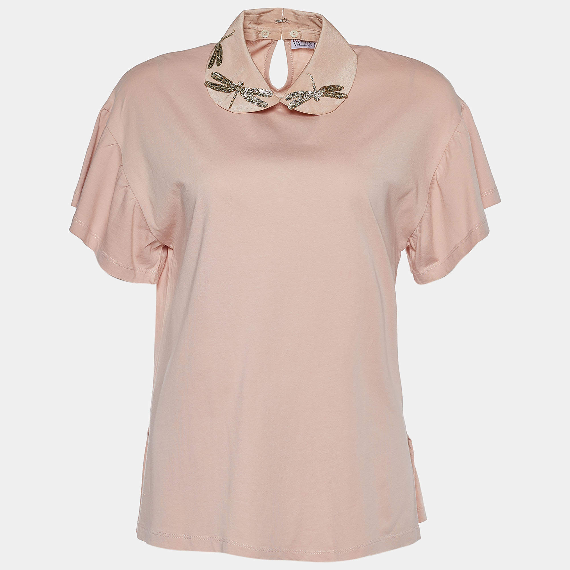 RED Valentino Pink Cotton Dragonfly Embellished Collar Detail T-Shirt S