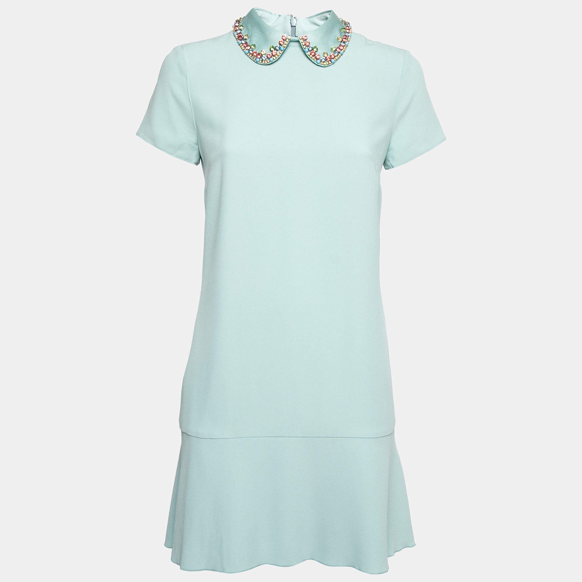 Pre Owned RED Valentino Blue Crepe Embellished Collar Detail Short Sleeve Dress S