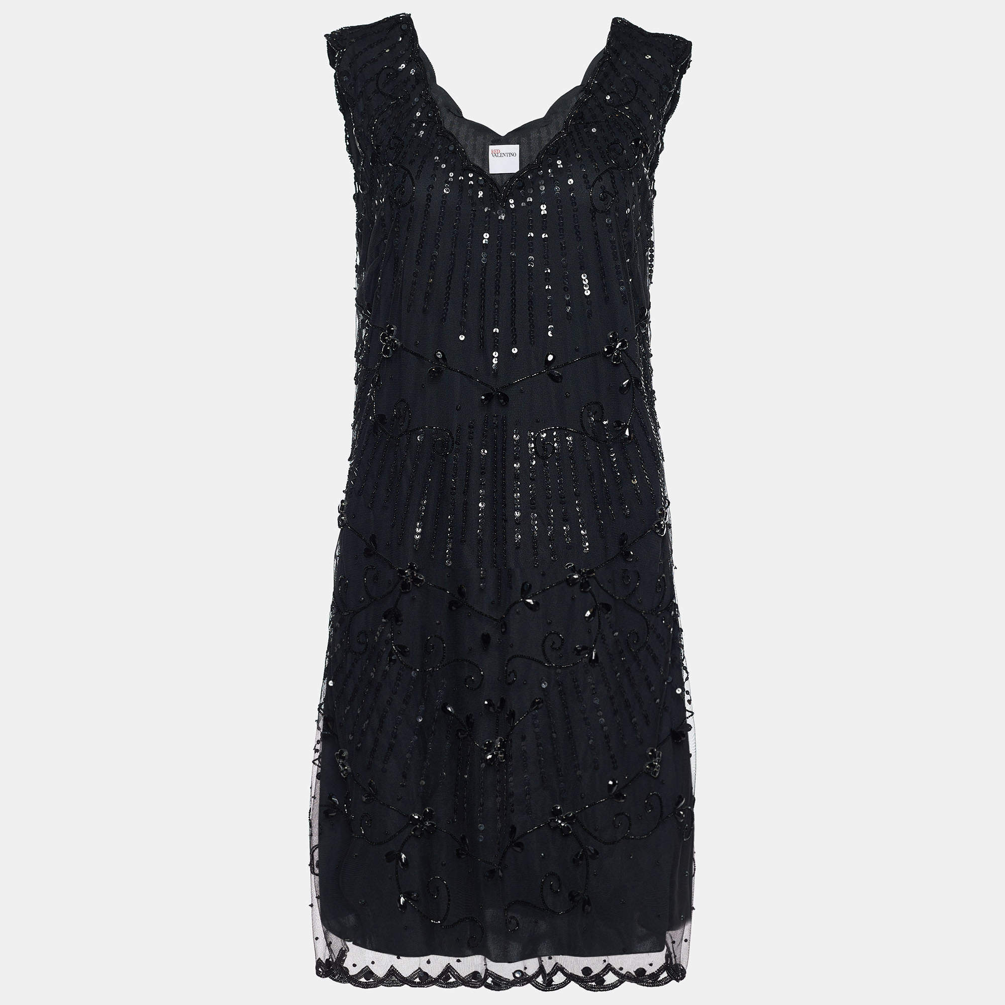 RED Valentino Black Tulle Sequin Embellished Scalloped Sleeveless Dress M