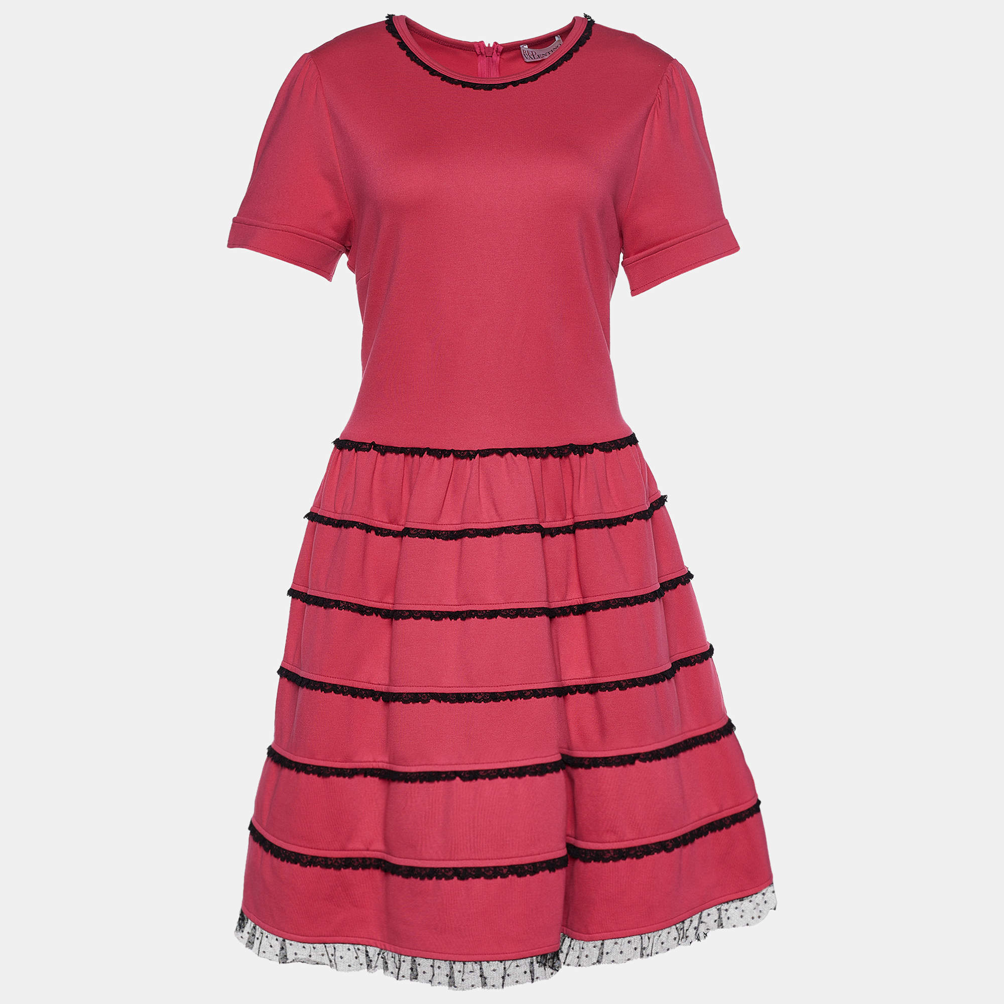 Pre Owned RED Valentino Pink Stretch Knit Tulle Inlay Paneled Dress L