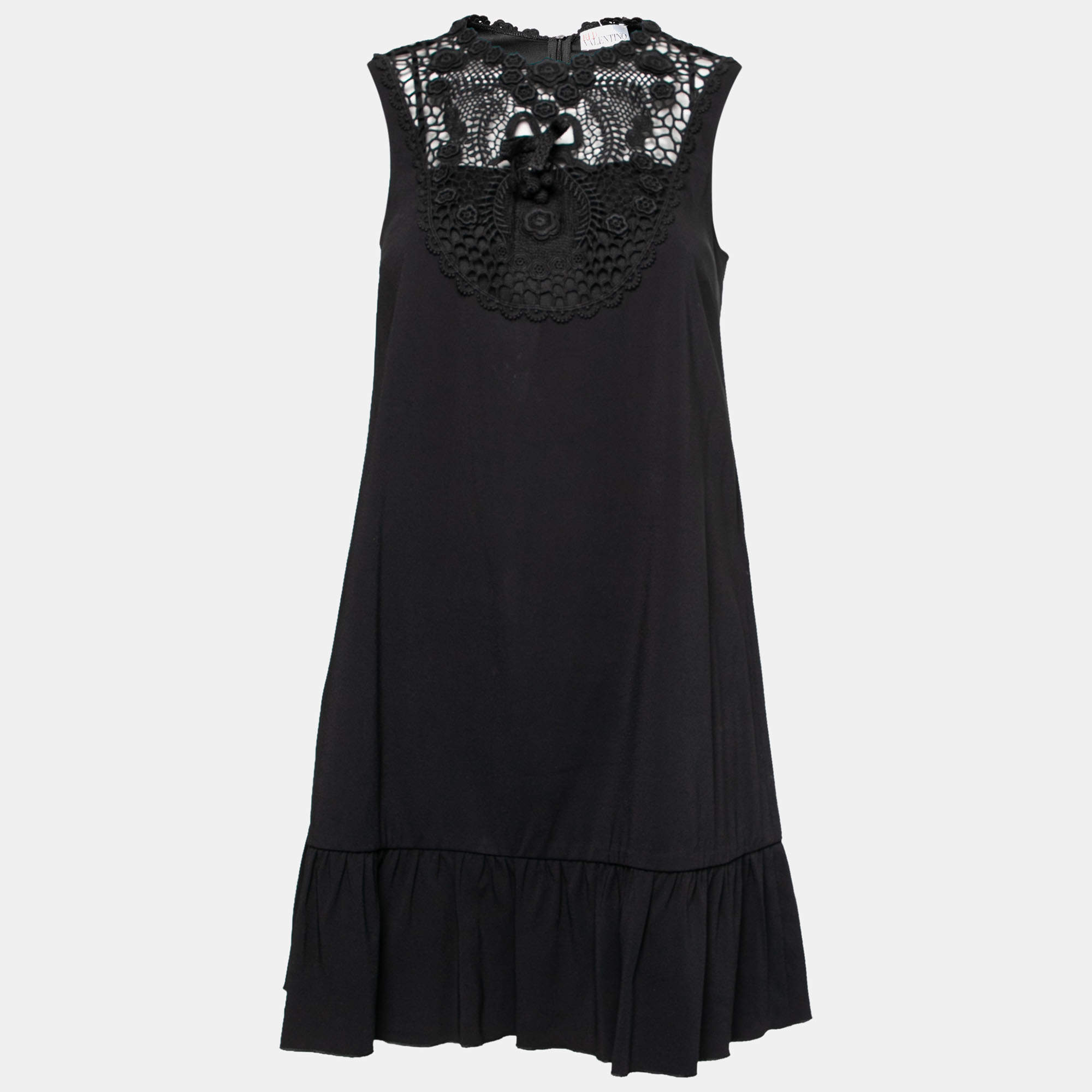 Pre Owned RED Valentino Black Crepe Lace Detail Ruffle Hem Dress XS