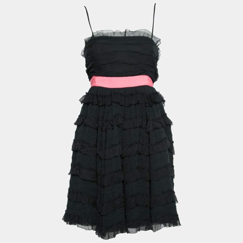 Pre Owned RED Valentino Black Cotton Ruffle Tiered Mini Dress M