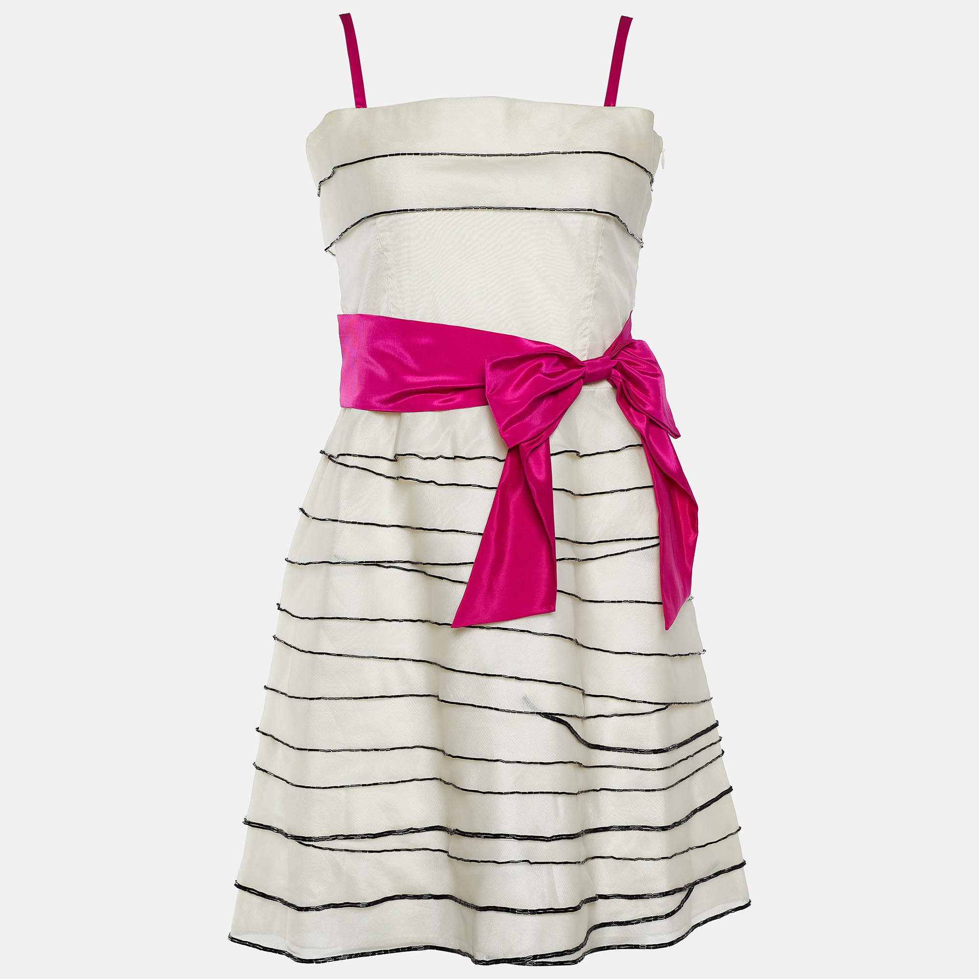RED Valentino Cream Silk Bead Embellished Tiered Mini Dress M
