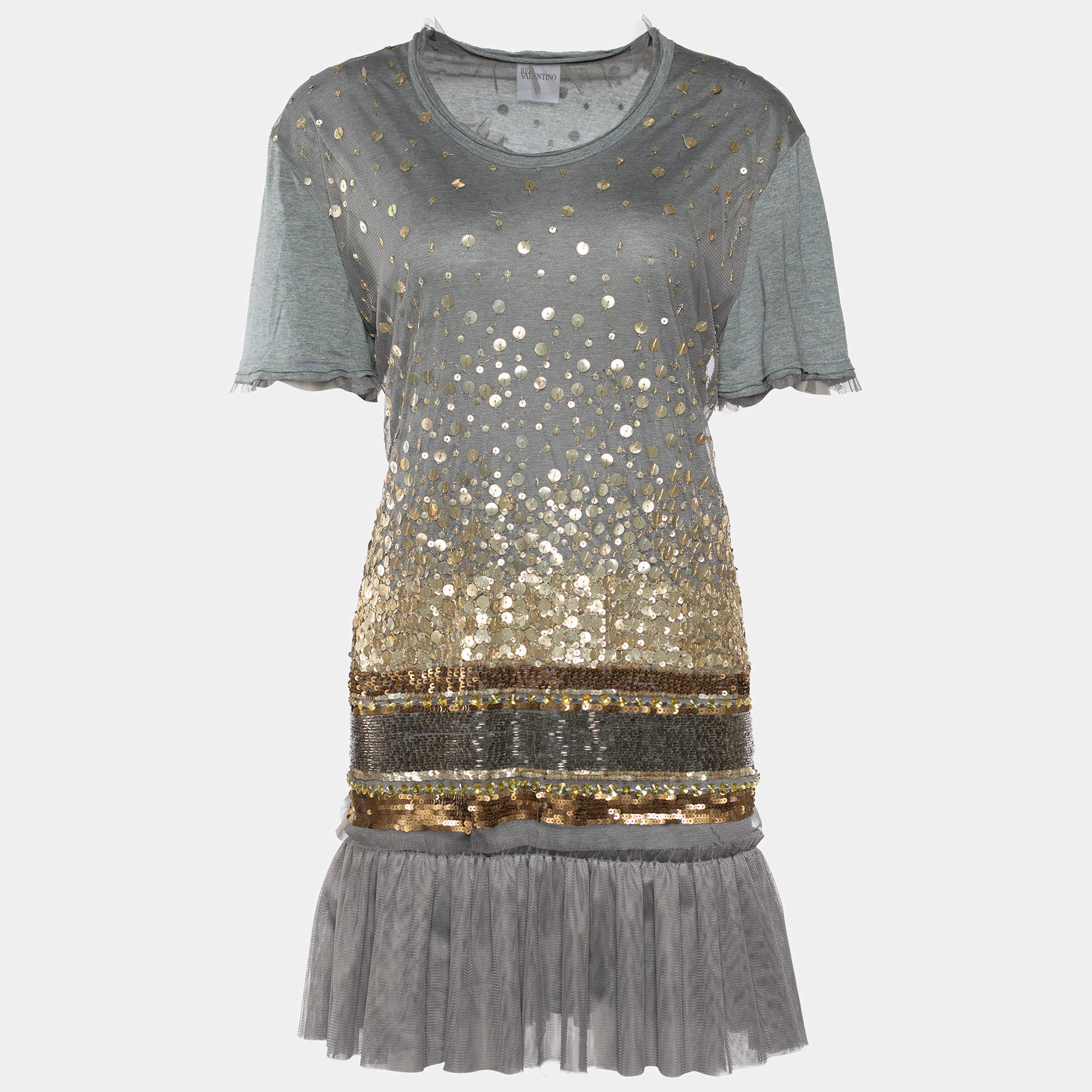 Pre Owned RED Valentino Grey Embellished Mesh Overlay Ruffle Bottom Dress M