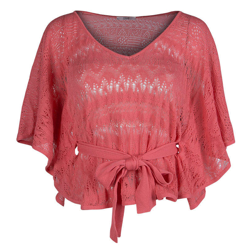 Red Valentino Coral Pink Knit Perforated Belted Top M