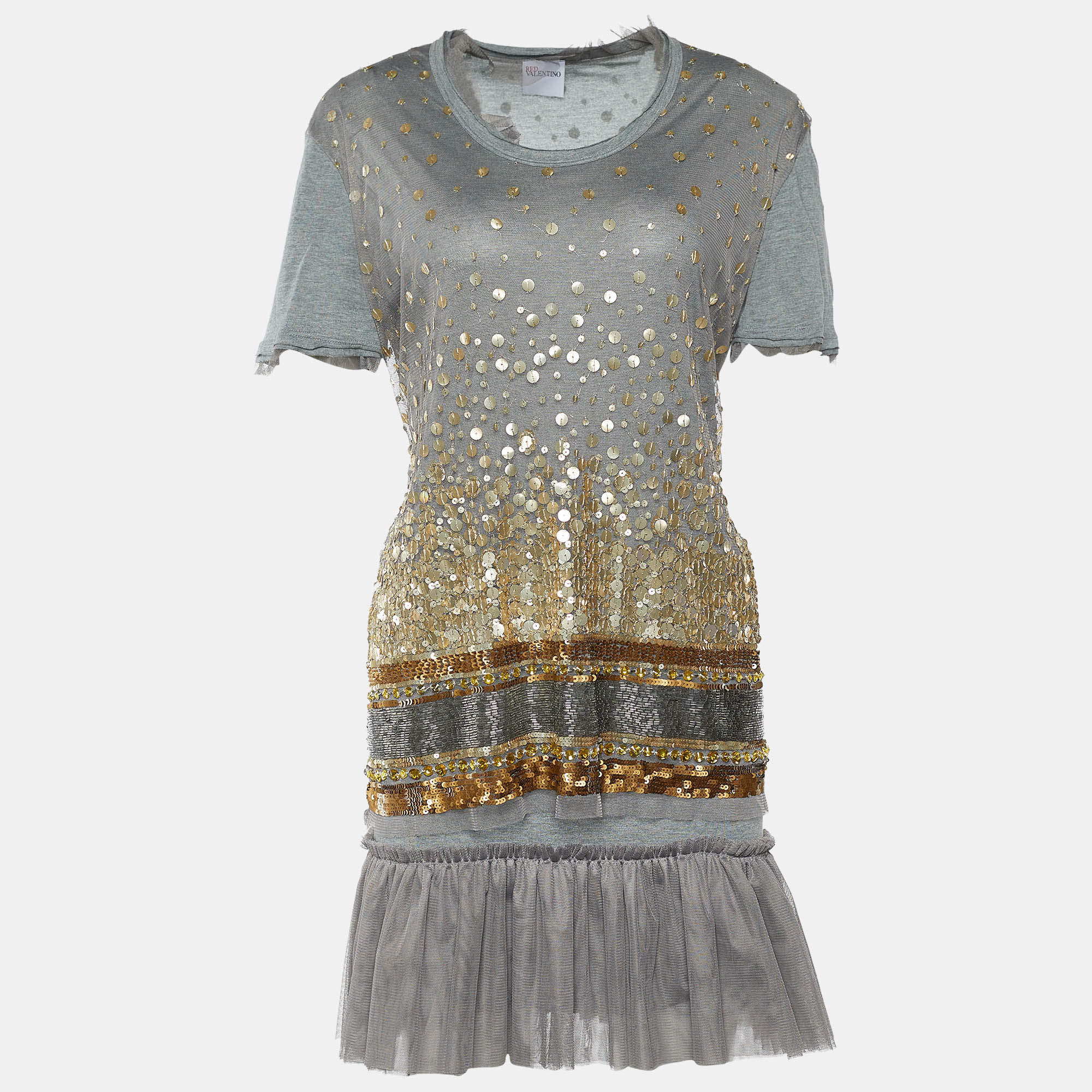 Pre Owned RED Valentino Grey Jersey & Sequin Embellished Tulle Overlay Dress M