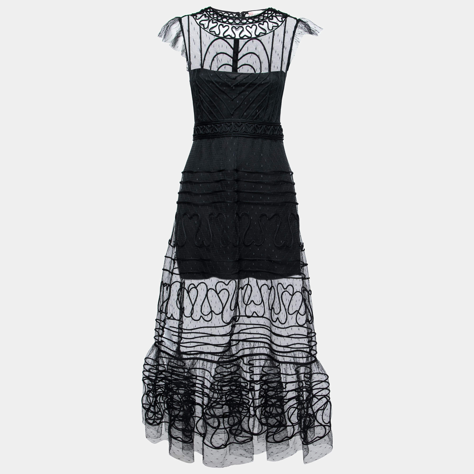 Pre Owned RED Valentino Black Mesh Tubular Embroidered Tulle Dress S